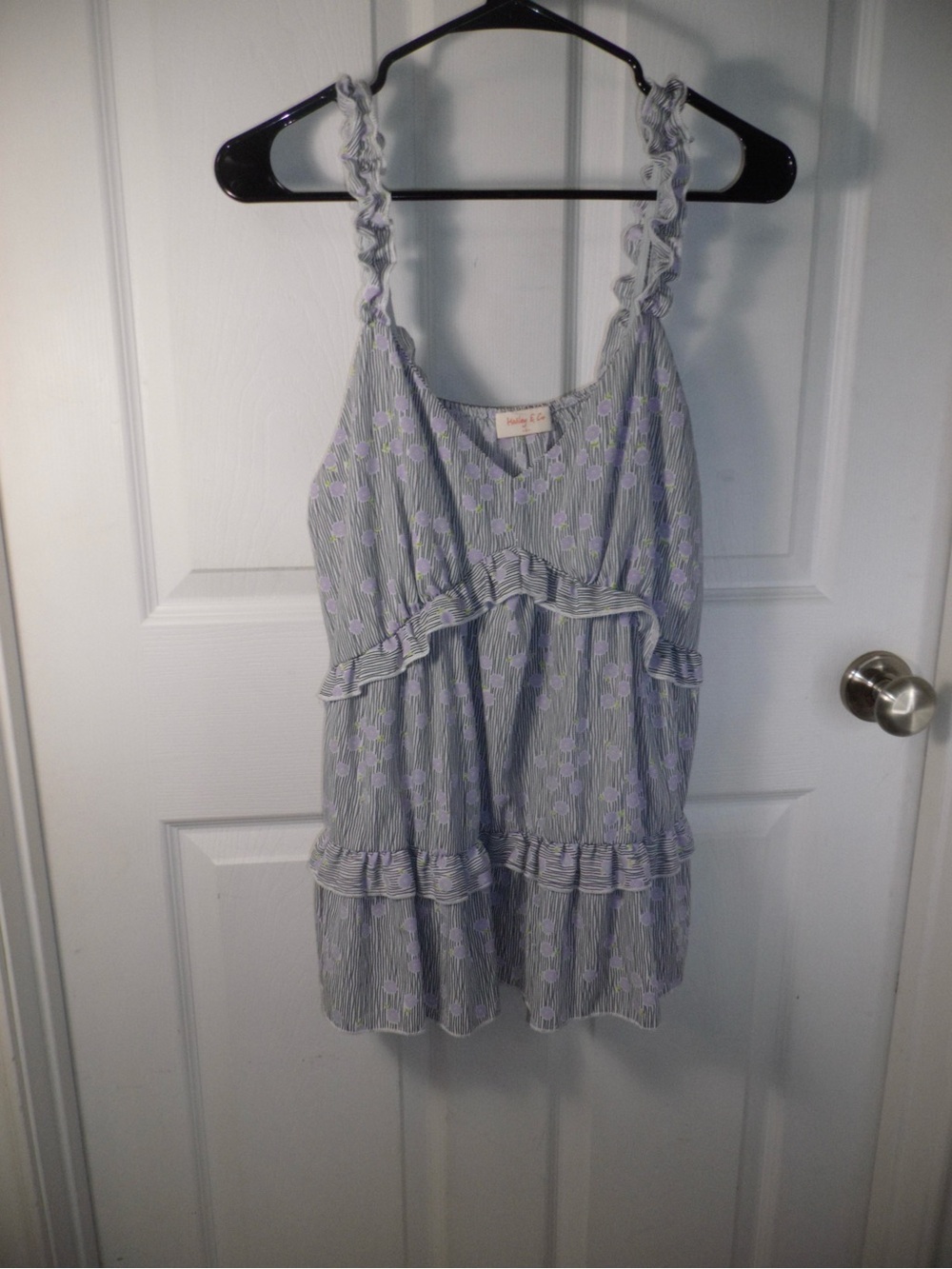 Hailey & Co. Navy Pinstripe Floral Ruffled Tank w/ Purple Flower Accents Top